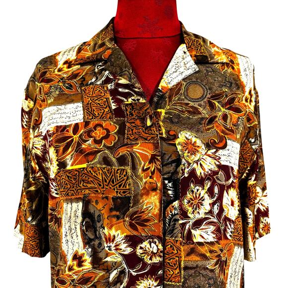 Vintage short sleeve blouse top 100% silk brown gold maroon shirt by TESS size S - Picture 2 of 8